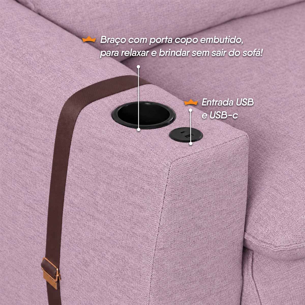 Sofá Retrátil Reclinável Lugano 2,20m USB Porta Copos Linho