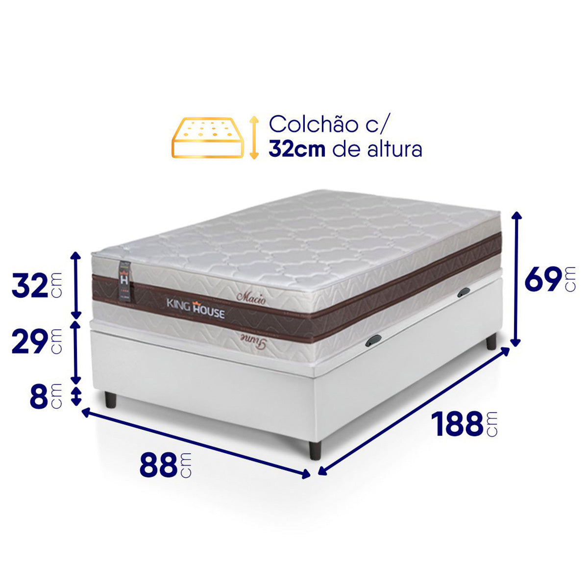 Cama Box Baú Mali Molas Ensacadas Solteiro 88x188 King House