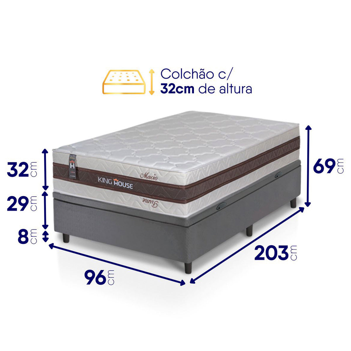 Cama Box Baú Mali Molas Ensacadas Solteiro 96x203 King House
