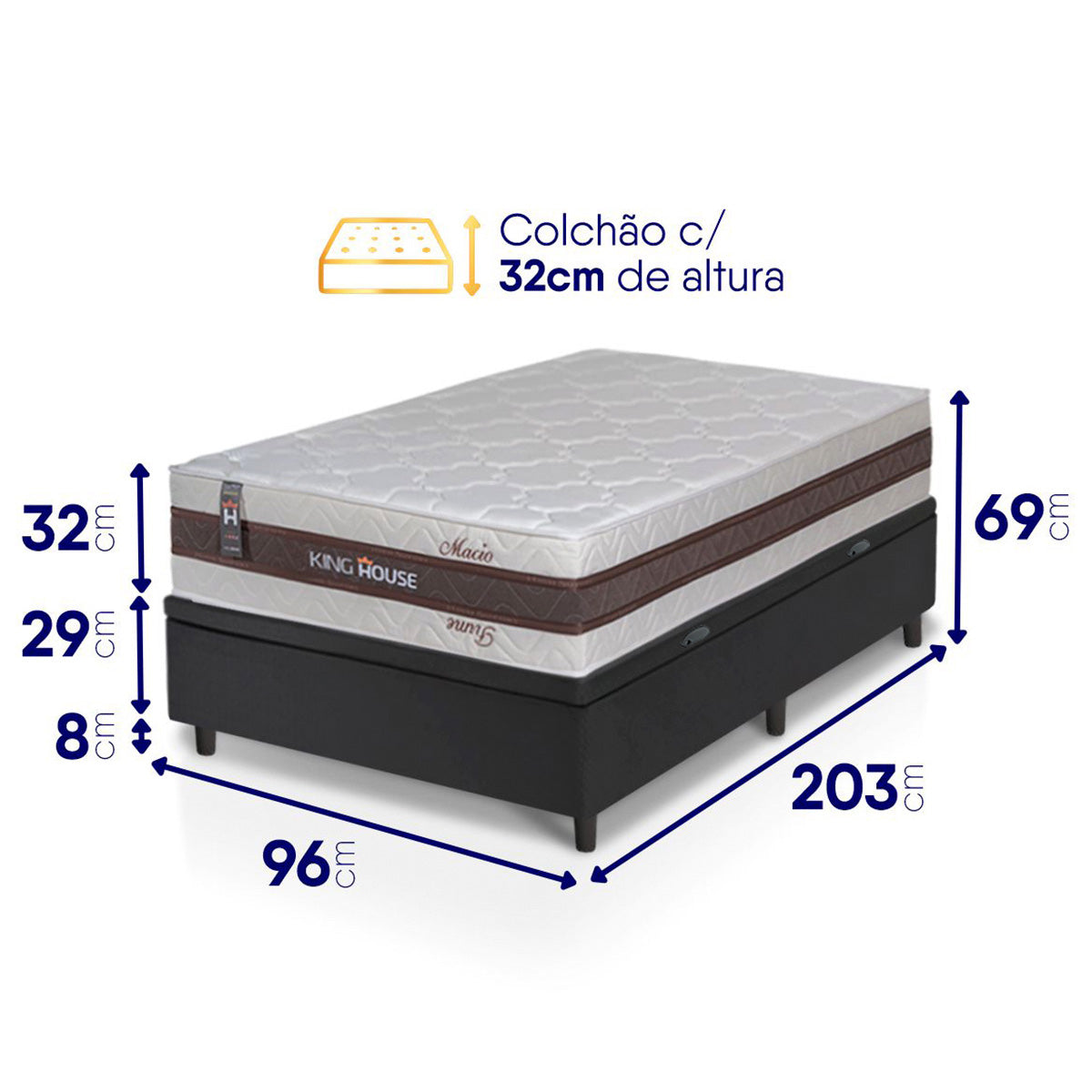 Cama Box Baú Mali Molas Ensacadas Solteiro 96x203 King House
