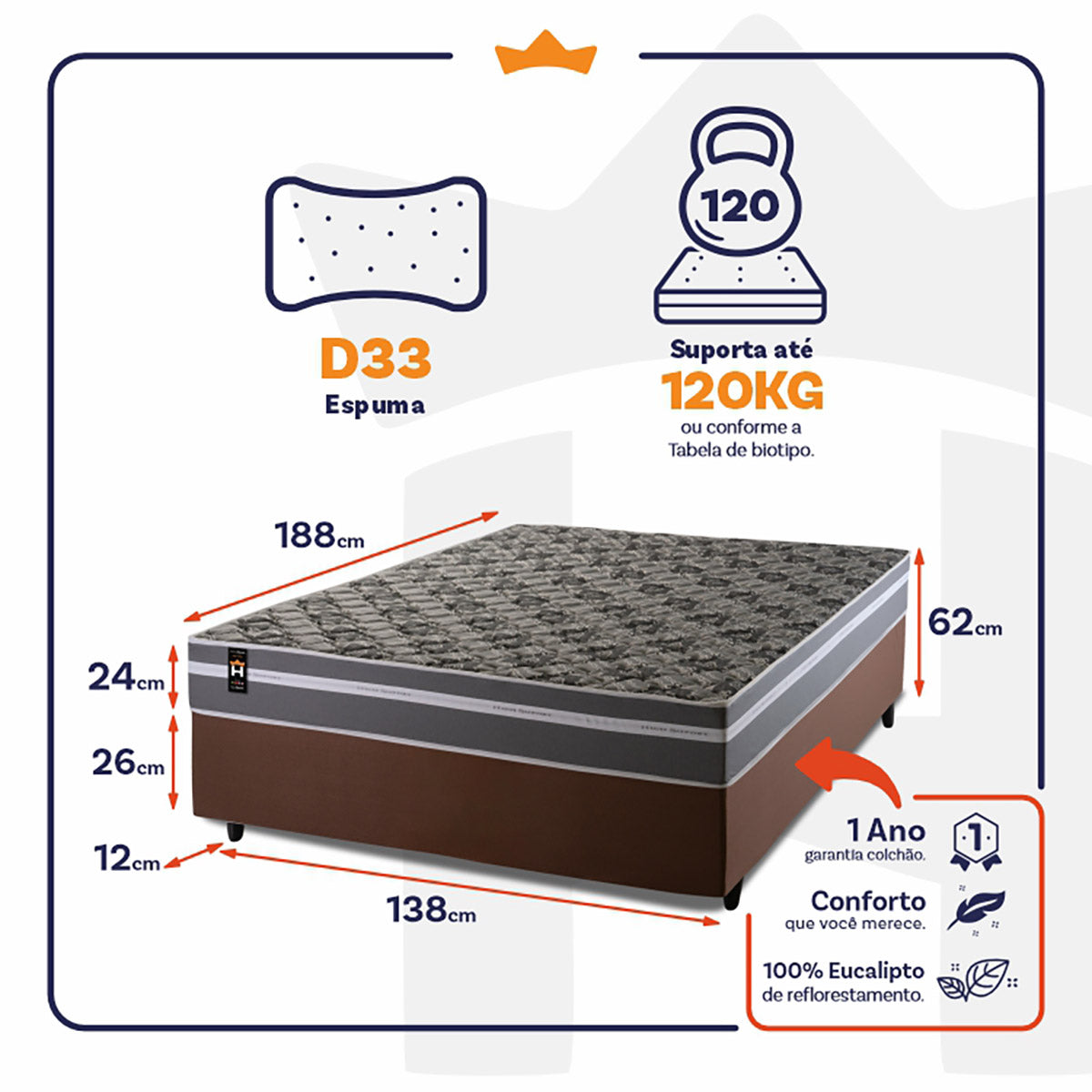 Cama Box Espuma Miami Casal 138x188 Cinza King House