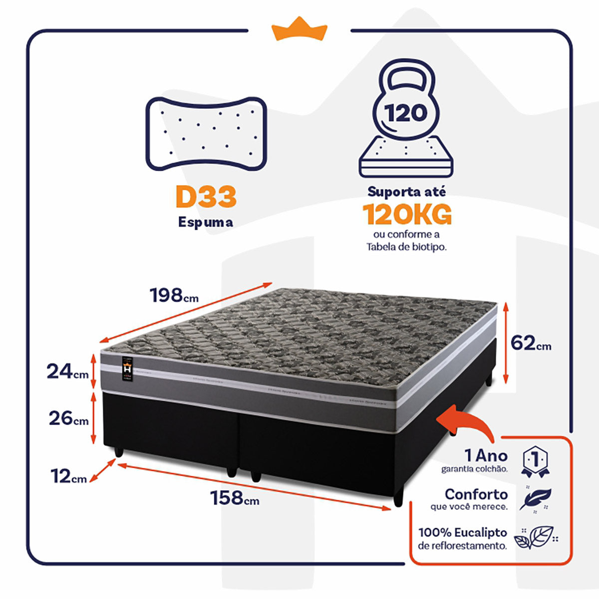 Cama Box Miami Espuma Queen 158x198 Cinza King House