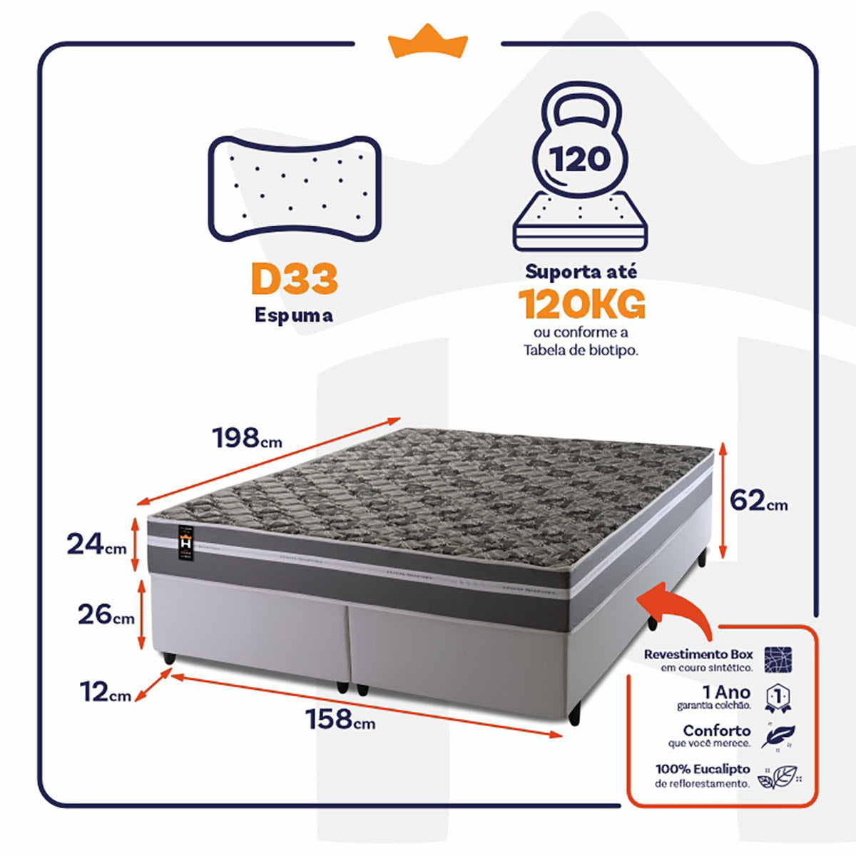 Cama Box Miami Espuma Queen 158x198 Cinza King House