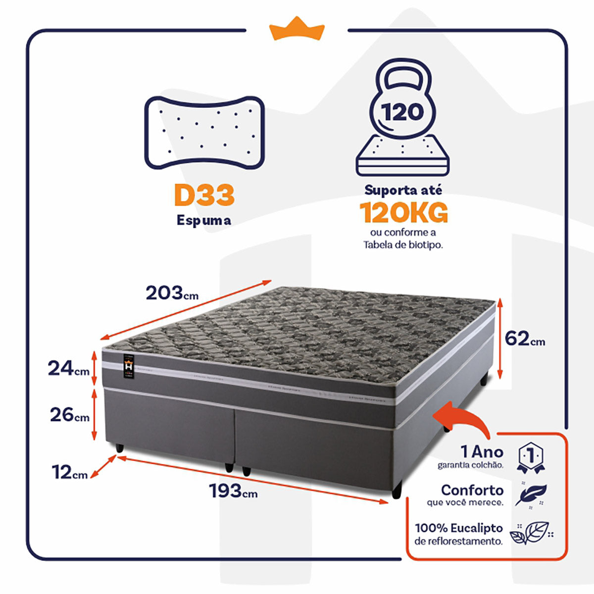 Conjunto Cama Box Miami Espuma King 193x203 Cinza King House