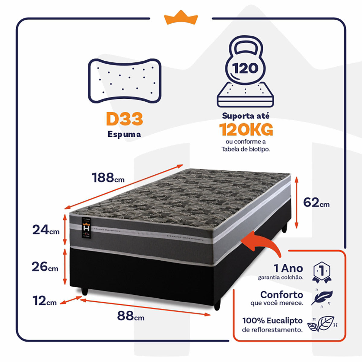 Cama Box Espuma Miami Solteiro 88x188 Preto King House