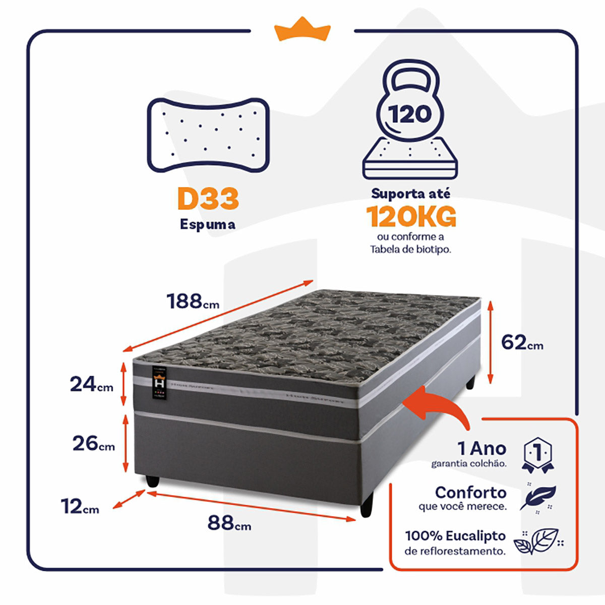 Cama Box Espuma Miami Solteiro 88x188 Cinza King House