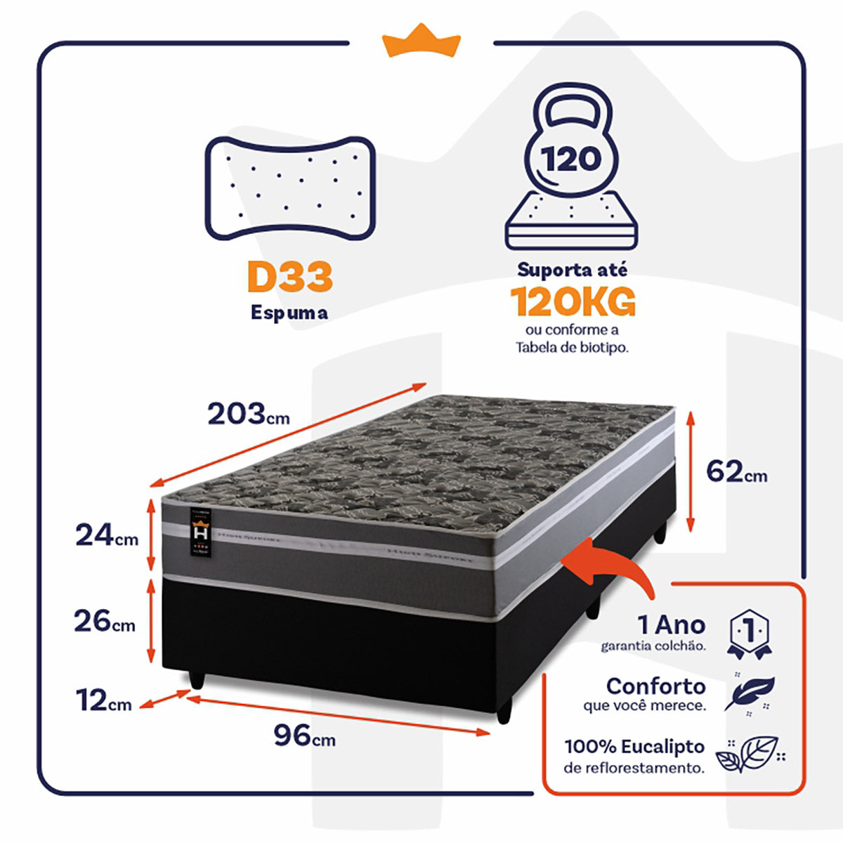 Cama Box Espuma Miami Solteirão 96x203 Preto King House