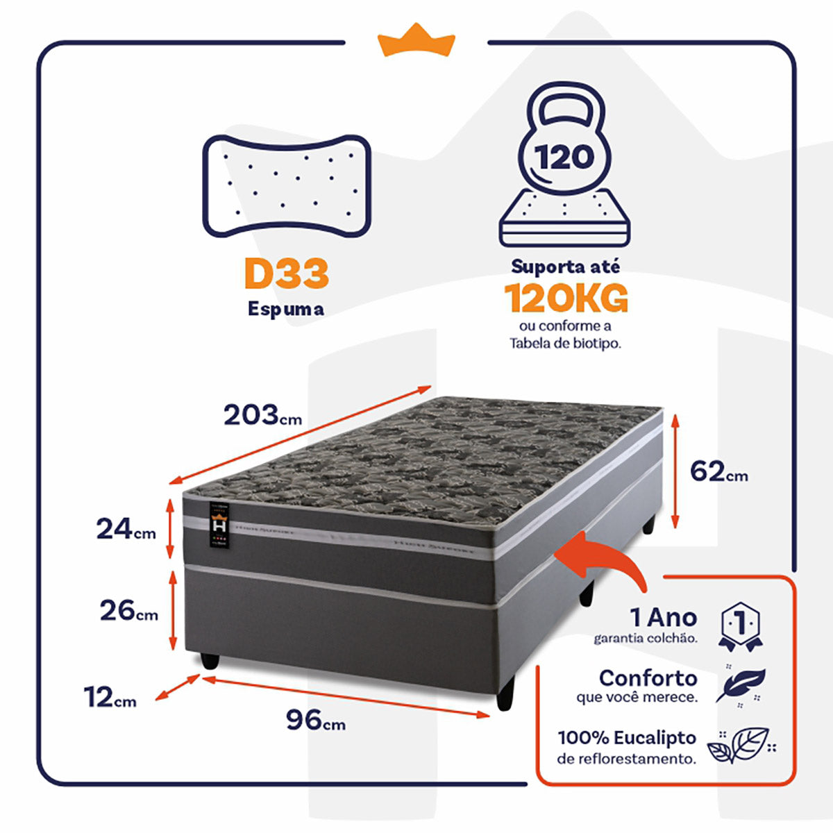 Cama Box Espuma Miami Solteirão 96x203 Cinza King House