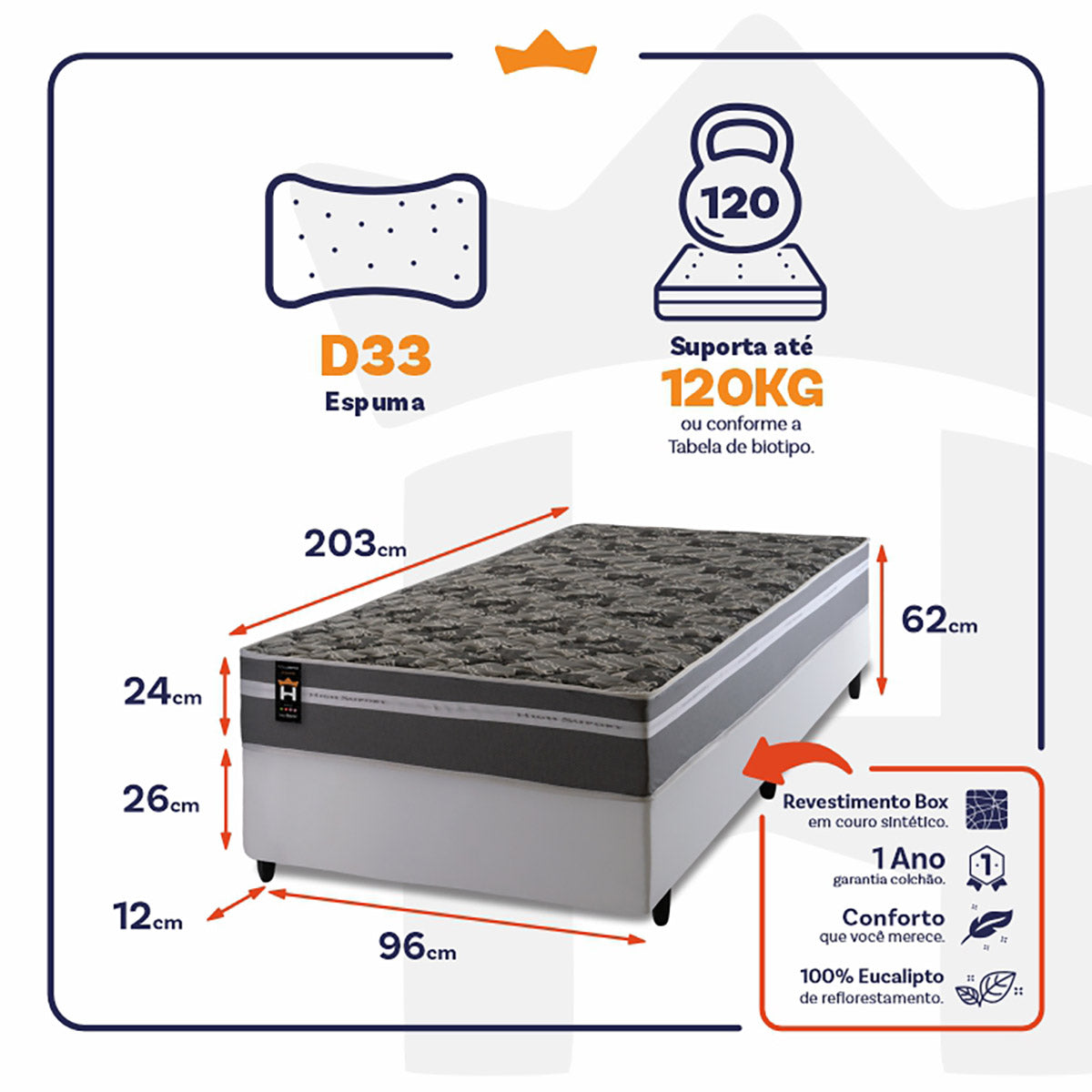 Cama Box Espuma Miami Solteirão 96x203 Branco King House