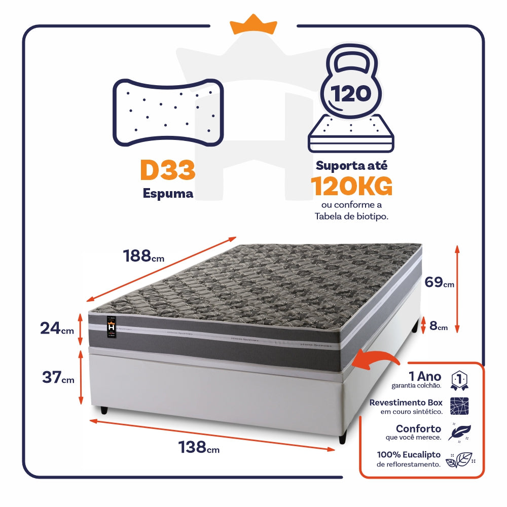 Cama Box Baú Miami 138x188 Branco Espuma D33 King House