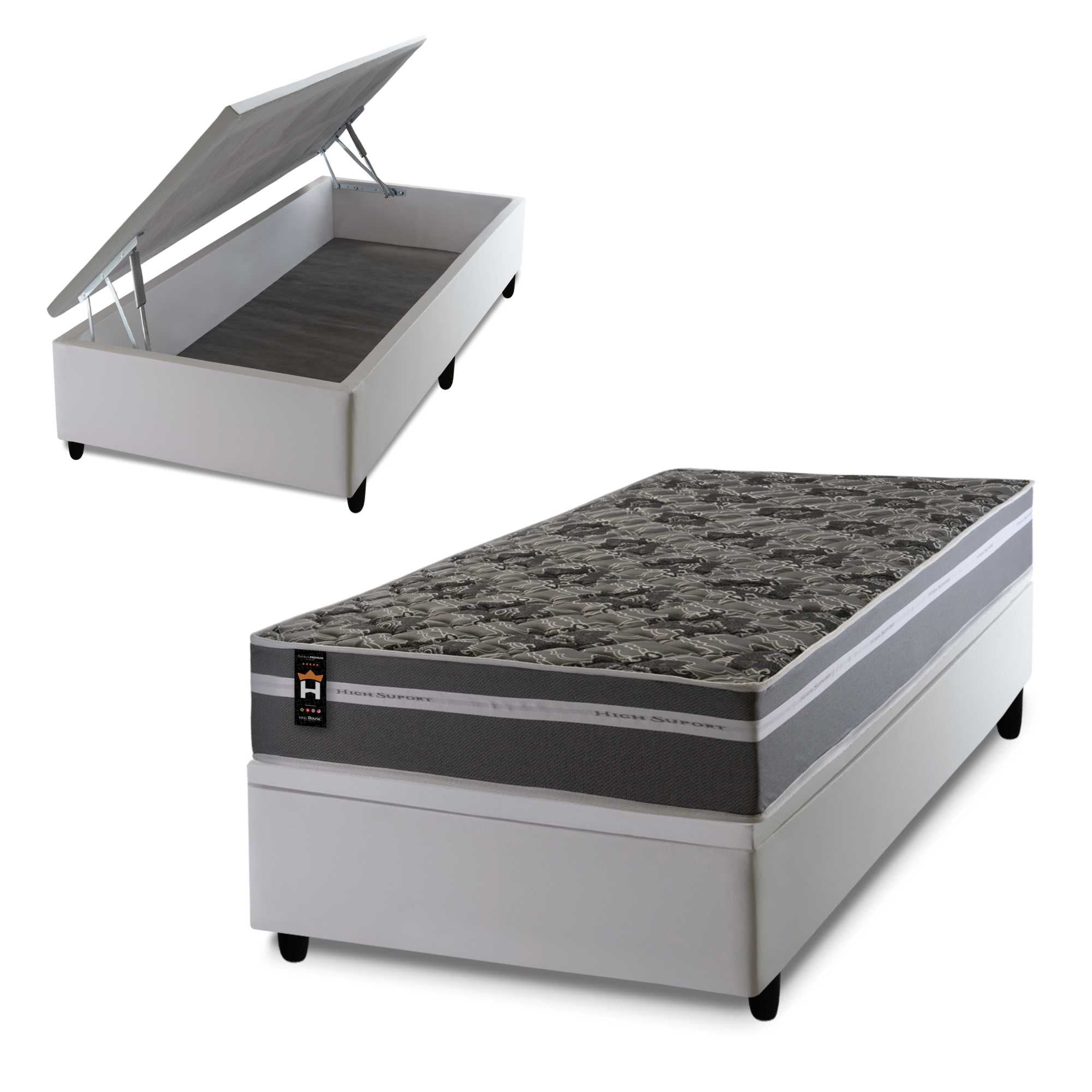 Cama Box Baú Miami Cinza 88x188 Branco Espuma D33 King House