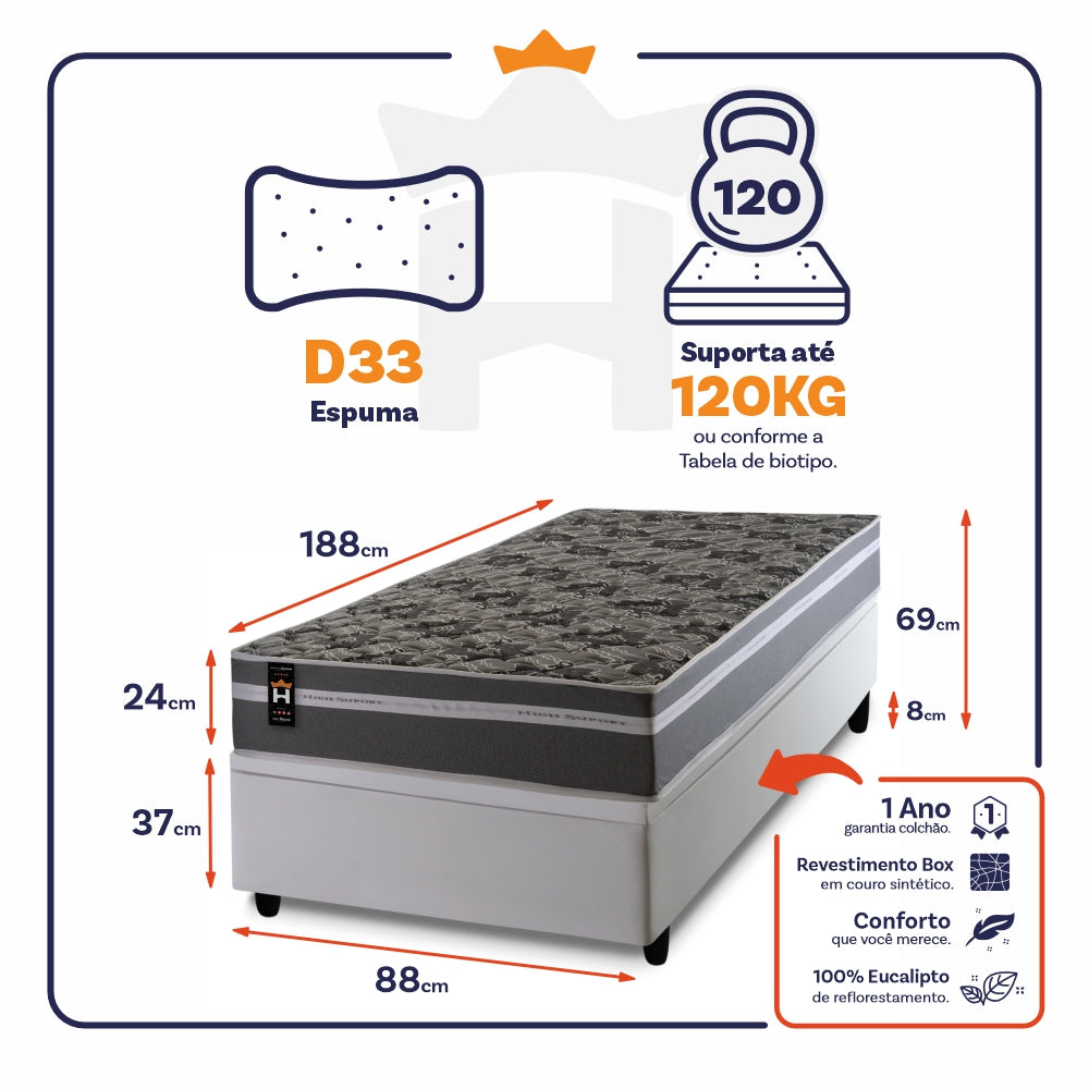 Cama Box Baú Miami Cinza 88x188 Branco Espuma D33 King House