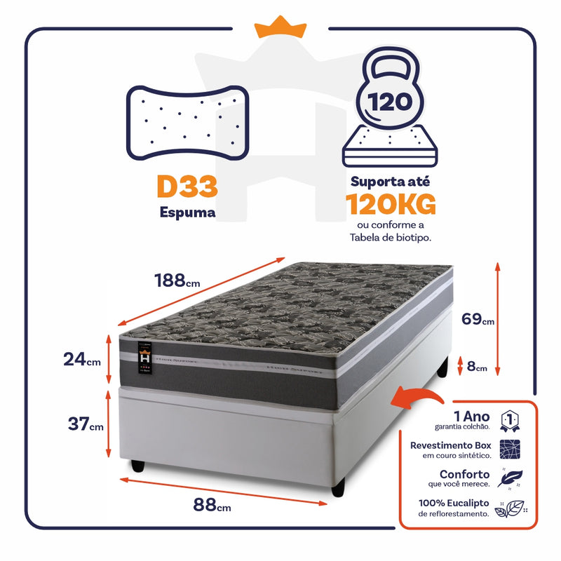 Cama Box Baú Miami Cinza 88x188 Branco Espuma D33 King House