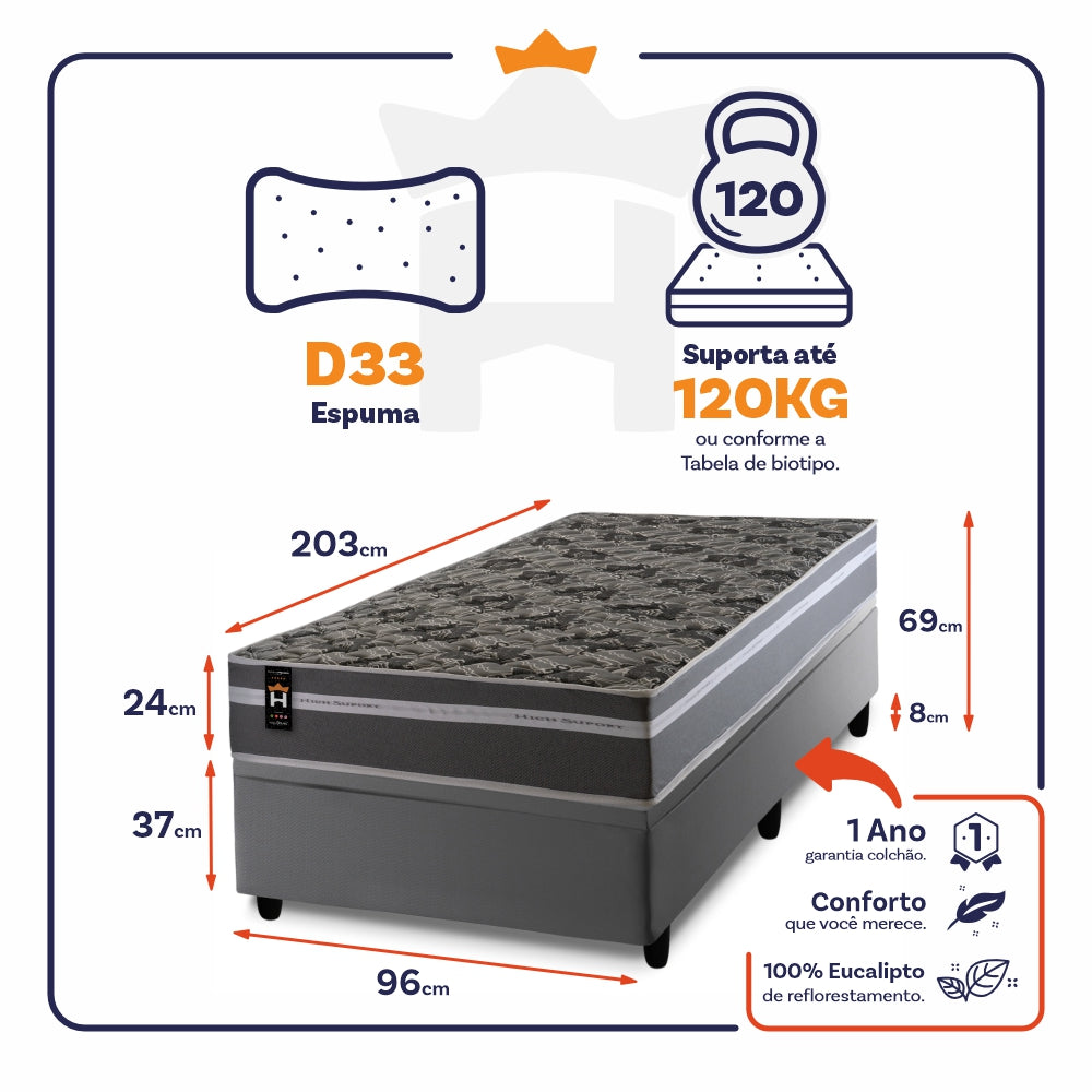Conjunto Box Baú Miami Cinza 96x203x69 Espuma D33 King House