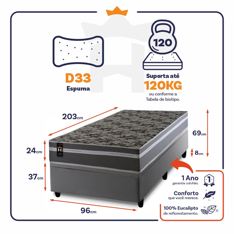 Conjunto Box Baú Miami Cinza 96x203x69 Espuma D33 King House