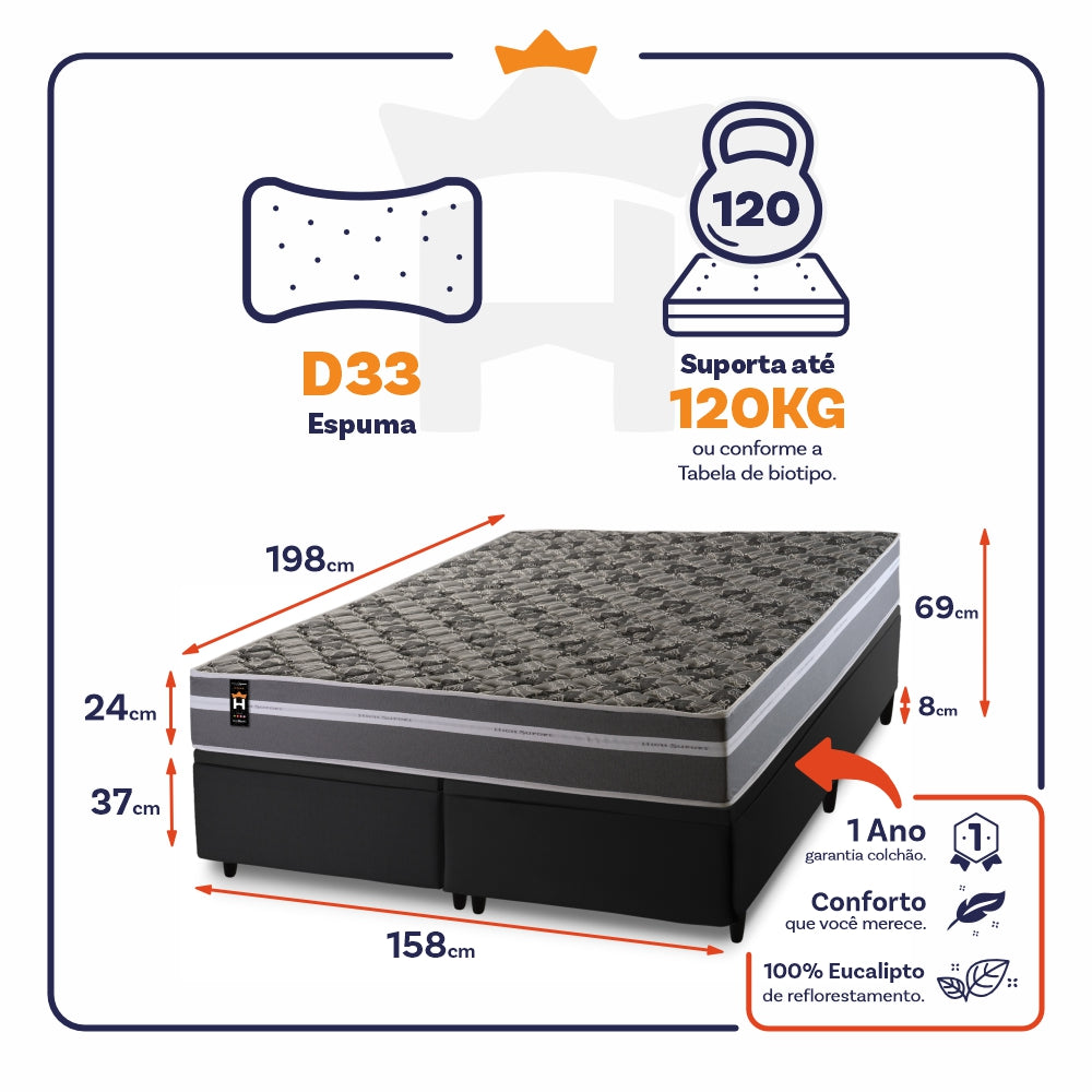 Cama Box Baú Miami Espuma D33 Cinza 158x198 Preto King House
