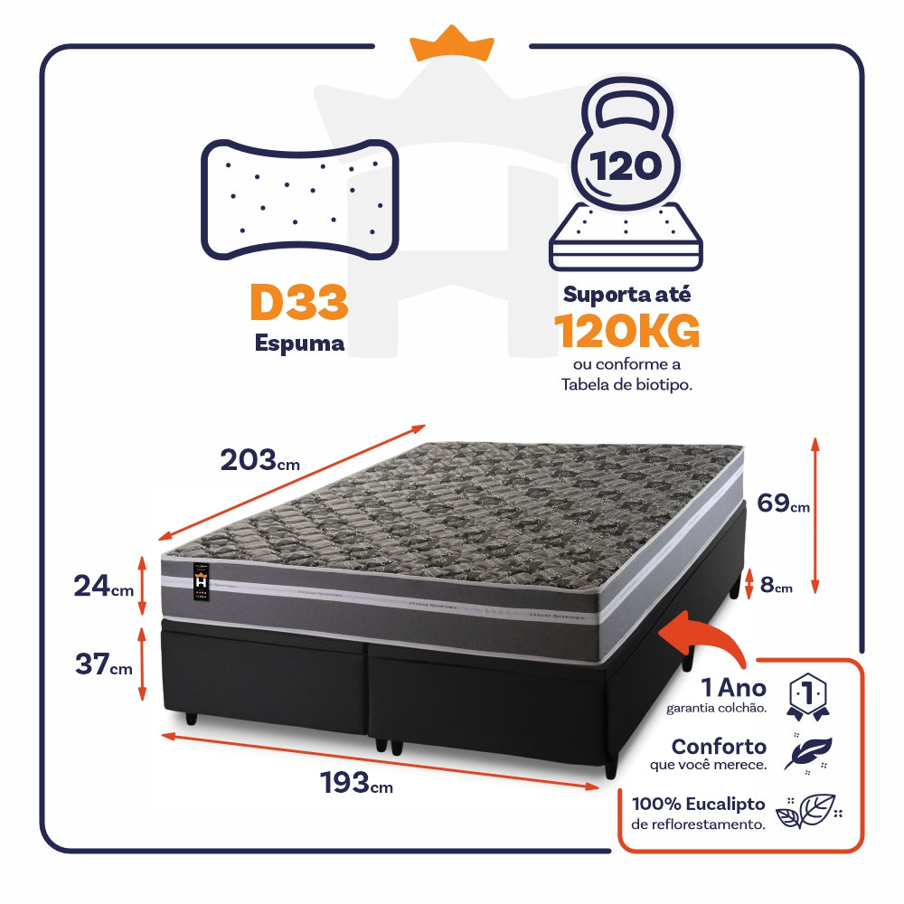 Cama Box Baú Miami Espuma D33 Cinza 193x203 Preto King House
