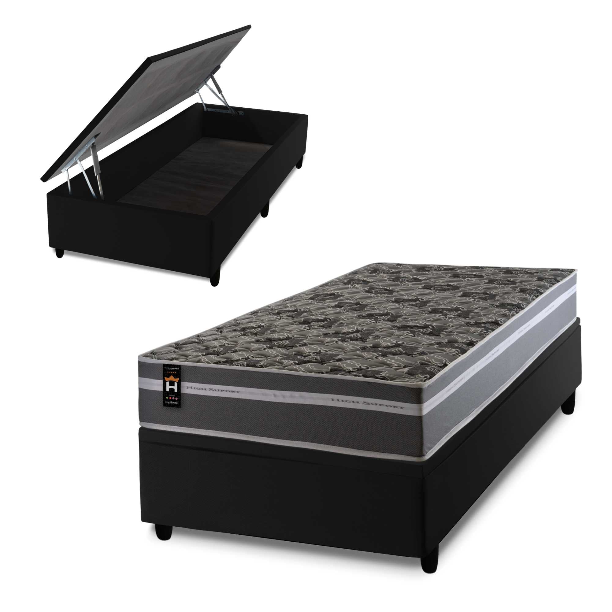 Cama Box Baú Miami Cinza 88x188 Preto Espuma D33 King House