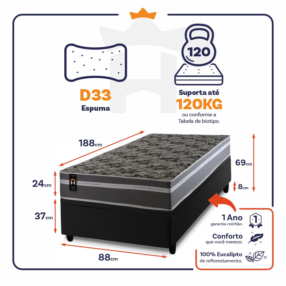 Cama Box Baú Miami Cinza 88x188 Preto Espuma D33 King House