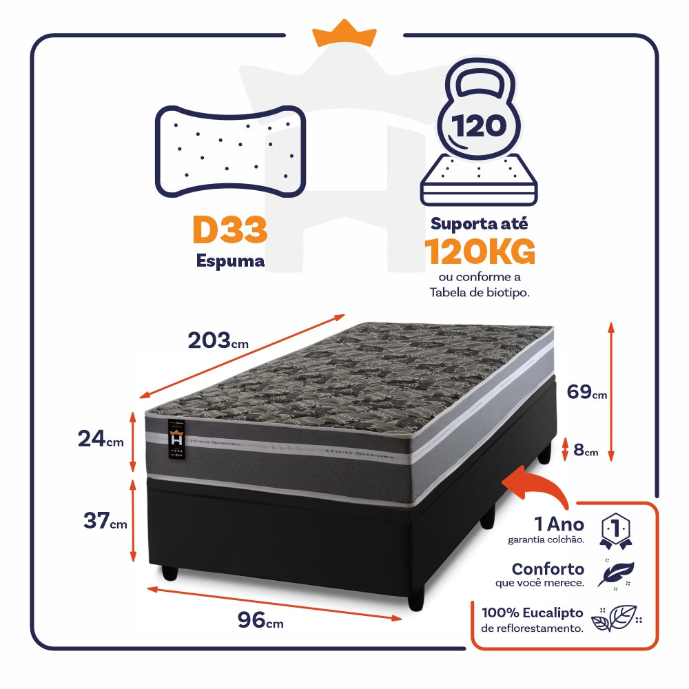 Cama Box Baú Miami Cinza 96x203 Preto Espuma D33 King House