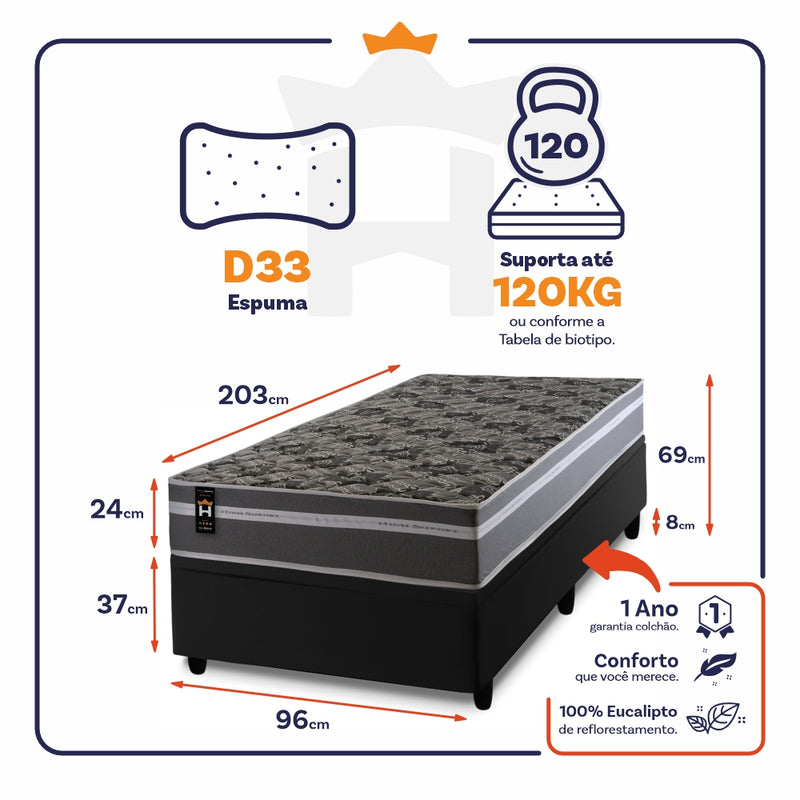Cama Box Baú Miami Cinza 96x203 Preto Espuma D33 King House