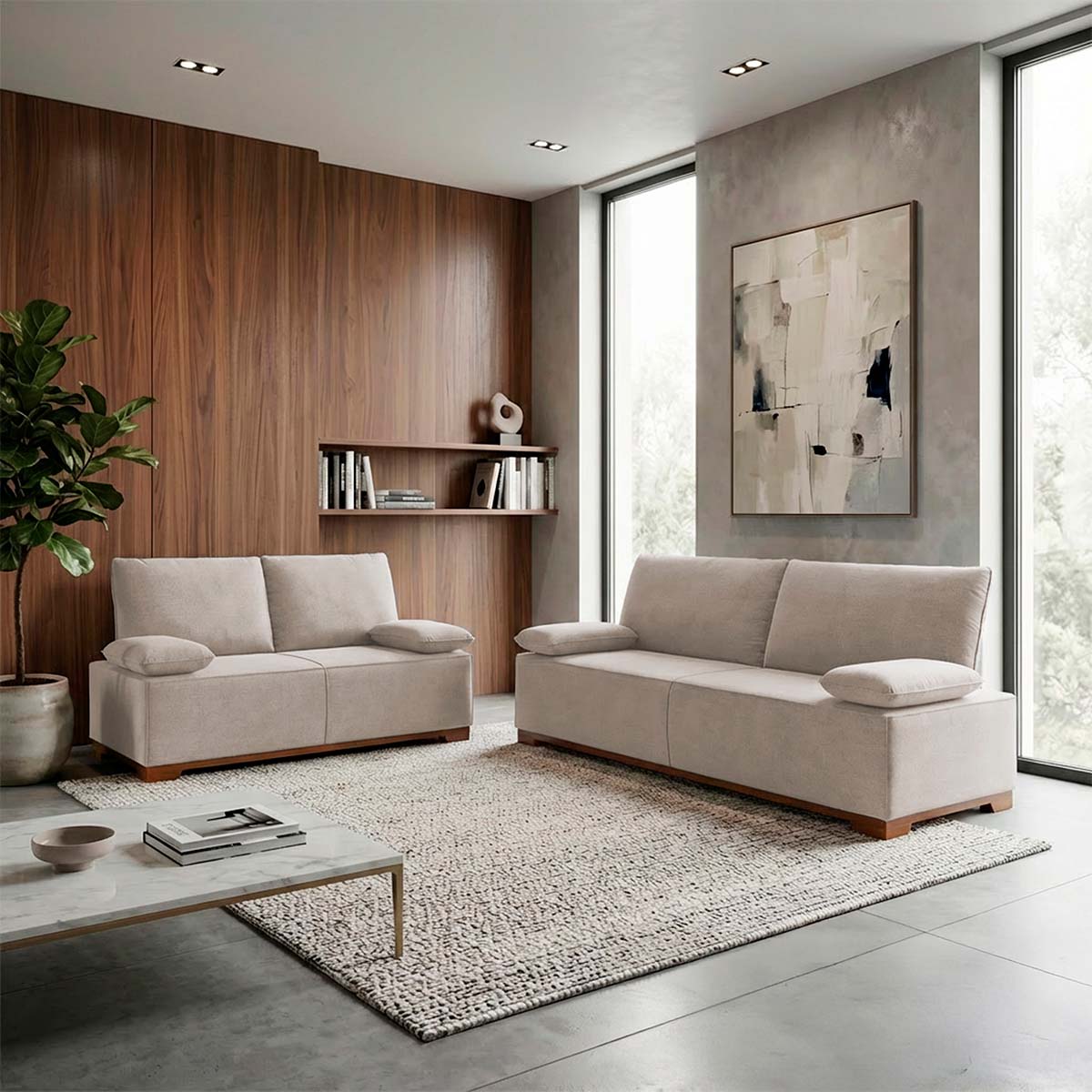 Conjunto Sofá Living Montblanc 3 e 2 Bouclê Bege Braços Reclináveis