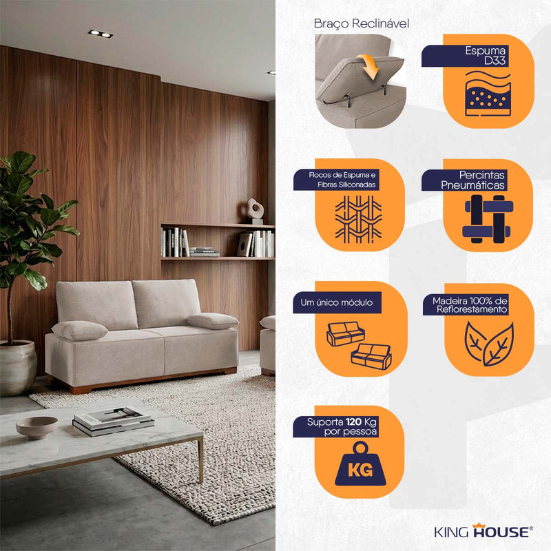 Conjunto Sofá Living Montblanc 3 e 2 Bouclê Bege Braços Reclináveis