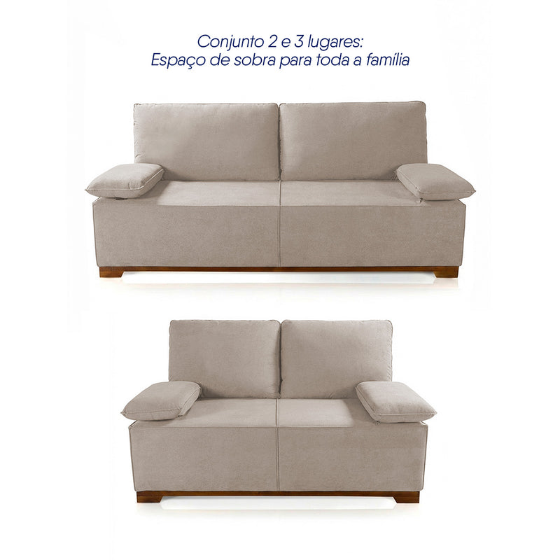 Conjunto Sofá Living Montblanc 3 e 2 Bouclê Bege Braços Reclináveis