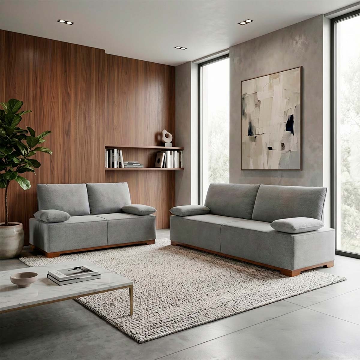 Conjunto Sofá Living Montblanc 3 e 2 Bouclê Cinza Braços Reclináveis