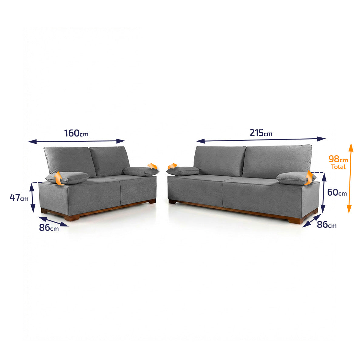 Conjunto Sofá Living Montblanc 3 e 2 Bouclê Cinza Braços Reclináveis