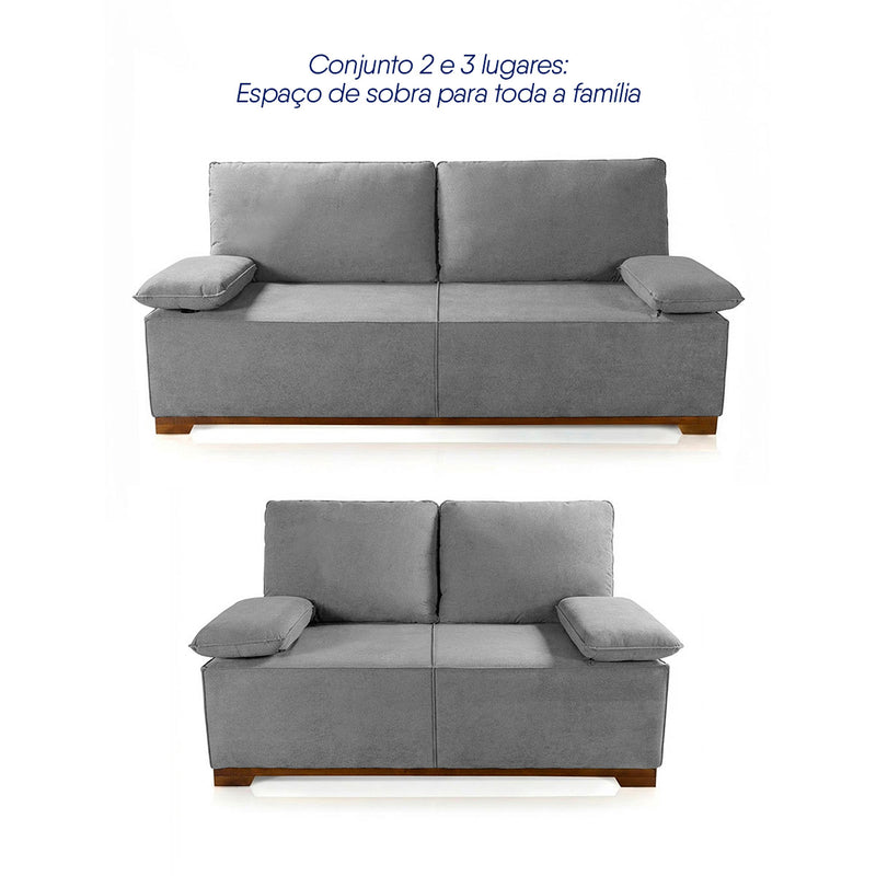 Conjunto Sofá Living Montblanc 3 e 2 Bouclê Cinza Braços Reclináveis