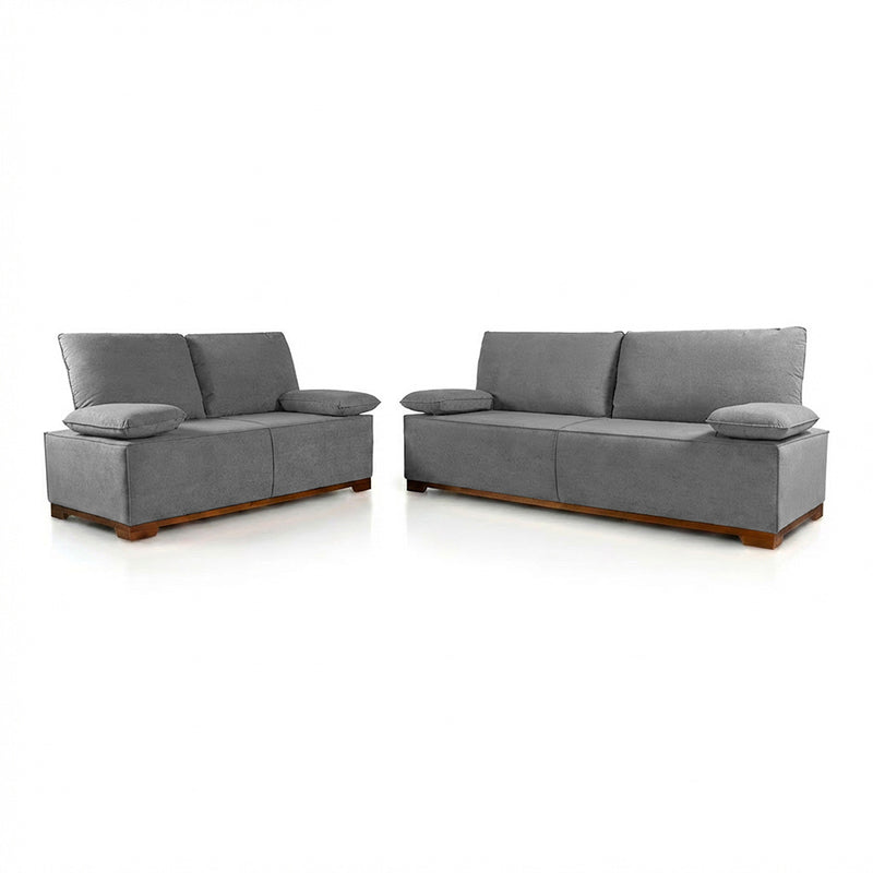 Conjunto Sofá Living Montblanc 3 e 2 Bouclê Cinza Braços Reclináveis