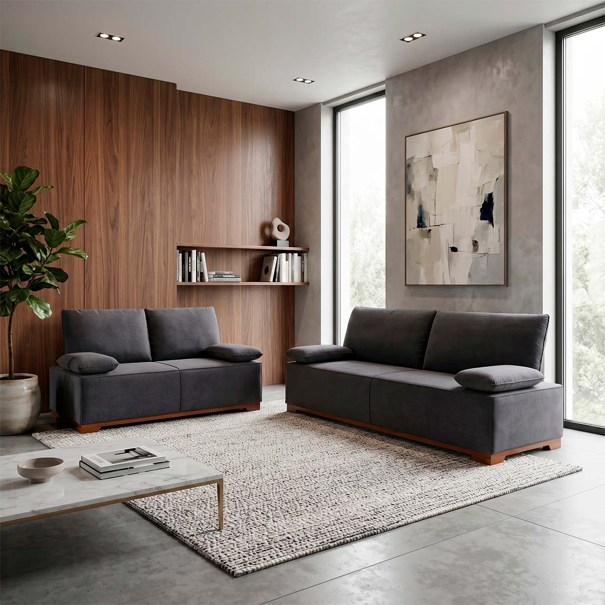 Conjunto Sofá Living Montblanc 3 e 2 Bouclê Grafite Braços Reclináveis