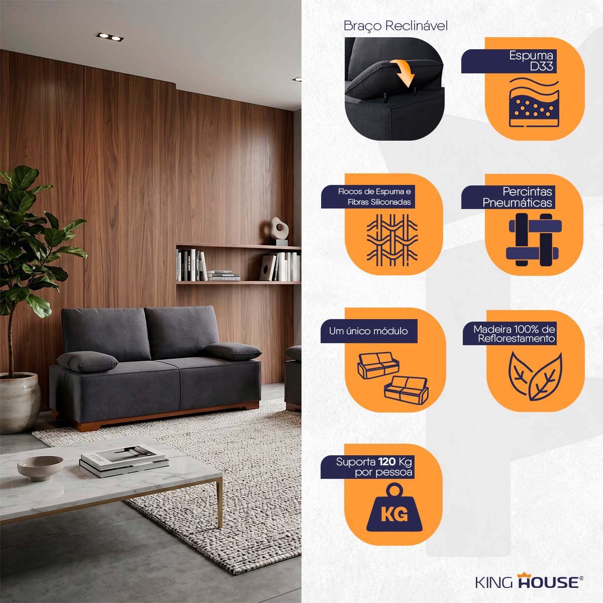 Conjunto Sofá Living Montblanc 3 e 2 Bouclê Grafite Braços Reclináveis