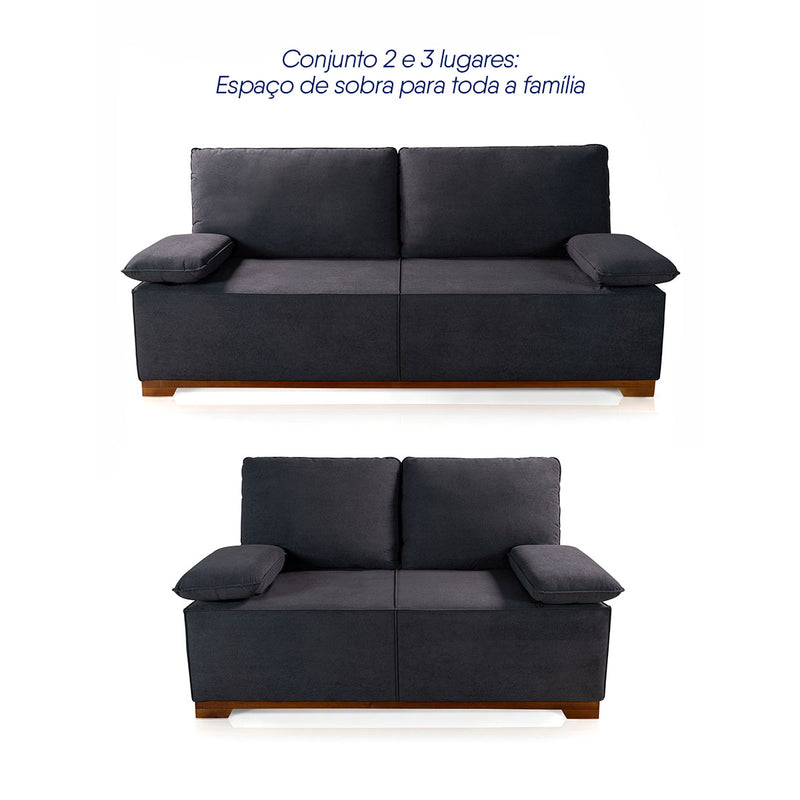 Conjunto Sofá Living Montblanc 3 e 2 Bouclê Grafite Braços Reclináveis
