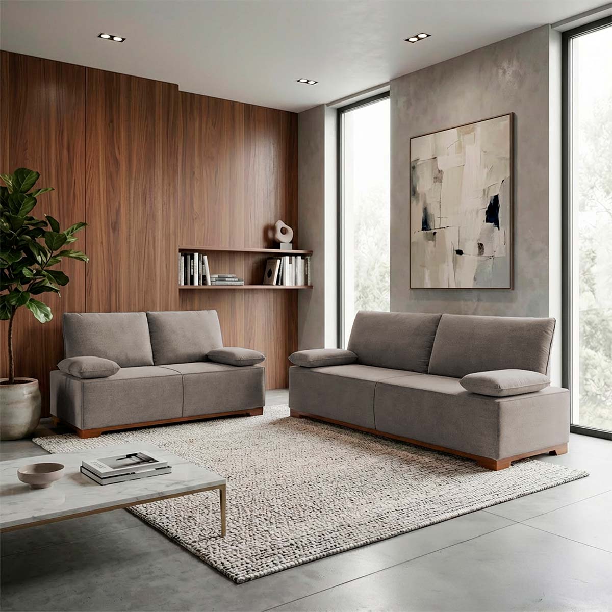 Conjunto Sofá Living Montblanc 3 e 2 Bouclê Marrom Braços Reclináveis