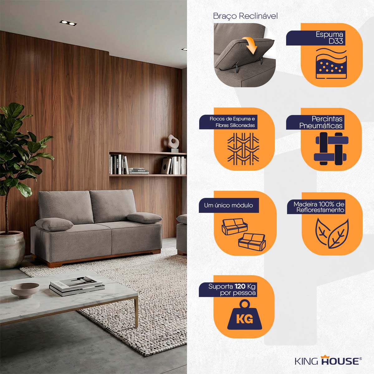 Conjunto Sofá Living Montblanc 3 e 2 Bouclê Marrom Braços Reclináveis