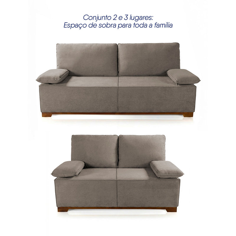 Conjunto Sofá Living Montblanc 3 e 2 Bouclê Marrom Braços Reclináveis