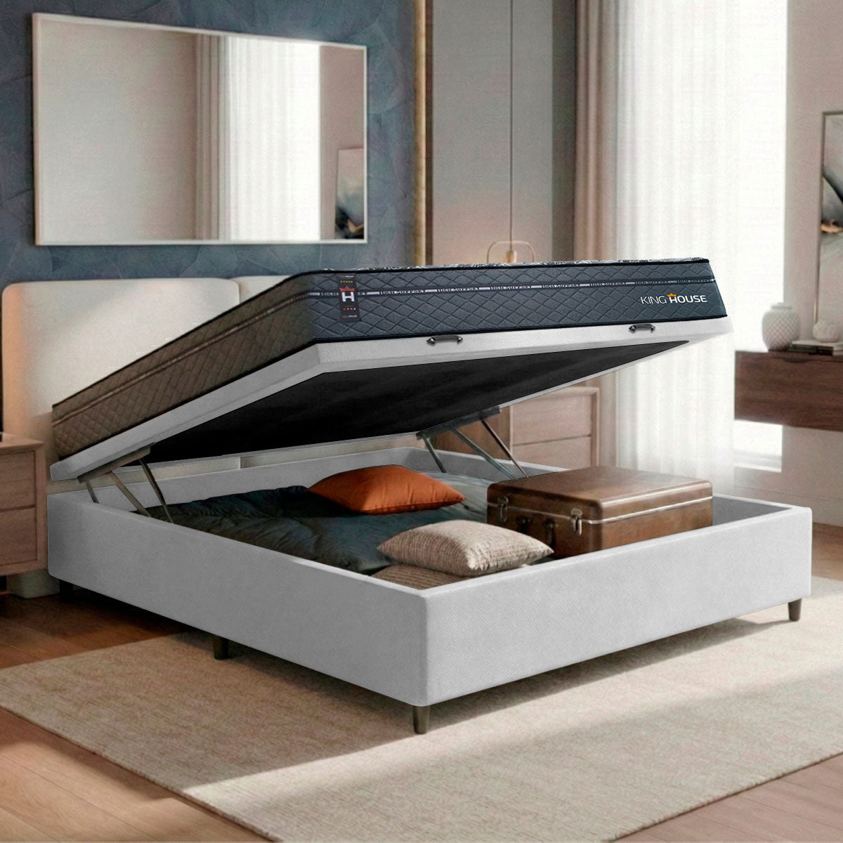Cama Box Baú Montreal 138x188 Cinza e Branco c/ Molas Ensacadas Espuma D26 Suporta 110 kg