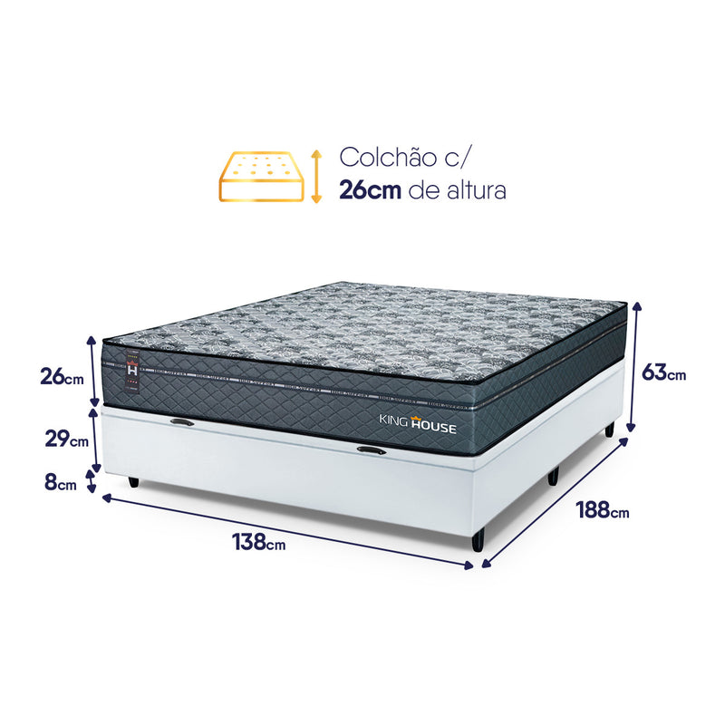 Cama Box Baú Montreal 138x188 Cinza e Branco c/ Molas Ensacadas Espuma D26 Suporta 110 kg