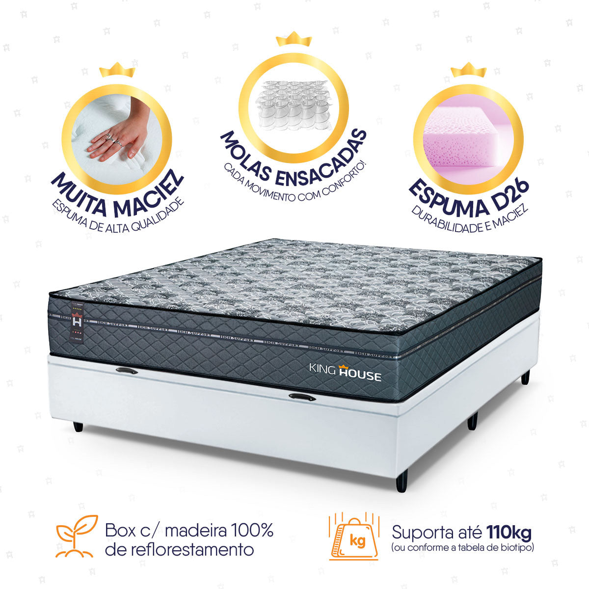 Cama Box Baú Montreal 138x188 Cinza e Branco c/ Molas Ensacadas Espuma D26 Suporta 110 kg