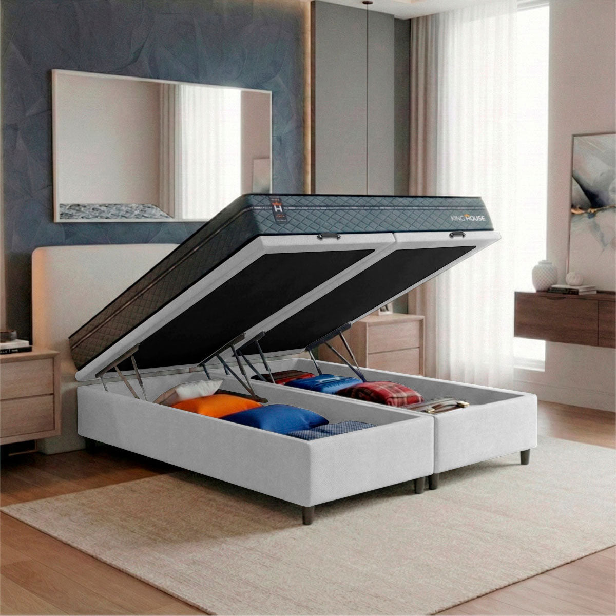 Cama Box Baú Montreal c/ Molas Ensacadas 158x198 Cinza e Branco Espuma D26 Suporta 110 kg