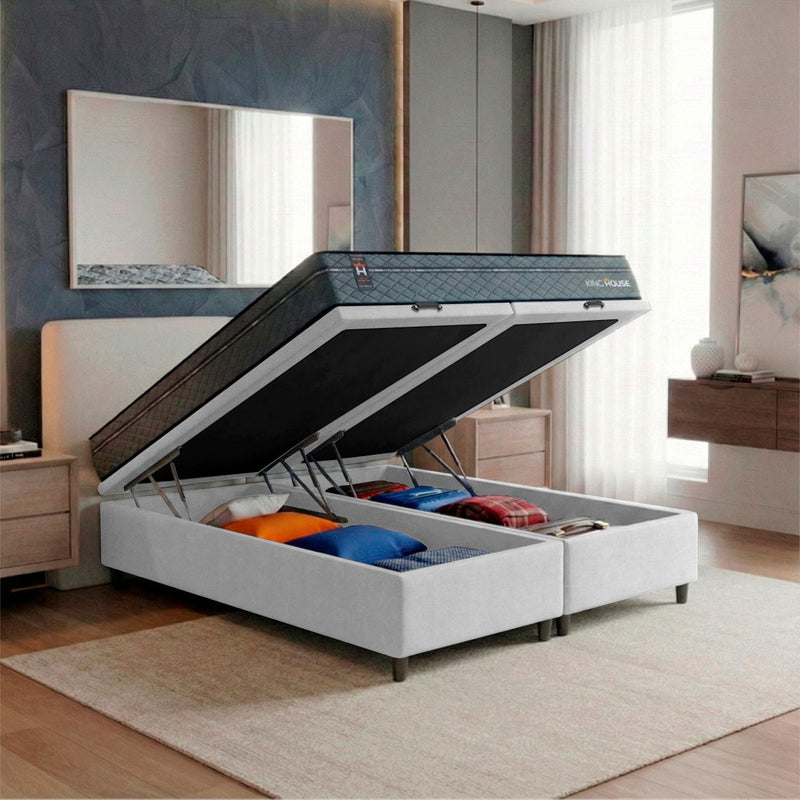 Cama Box Baú Montreal c/ Molas Ensacadas 158x198 Cinza e Branco Espuma D26 Suporta 110 kg