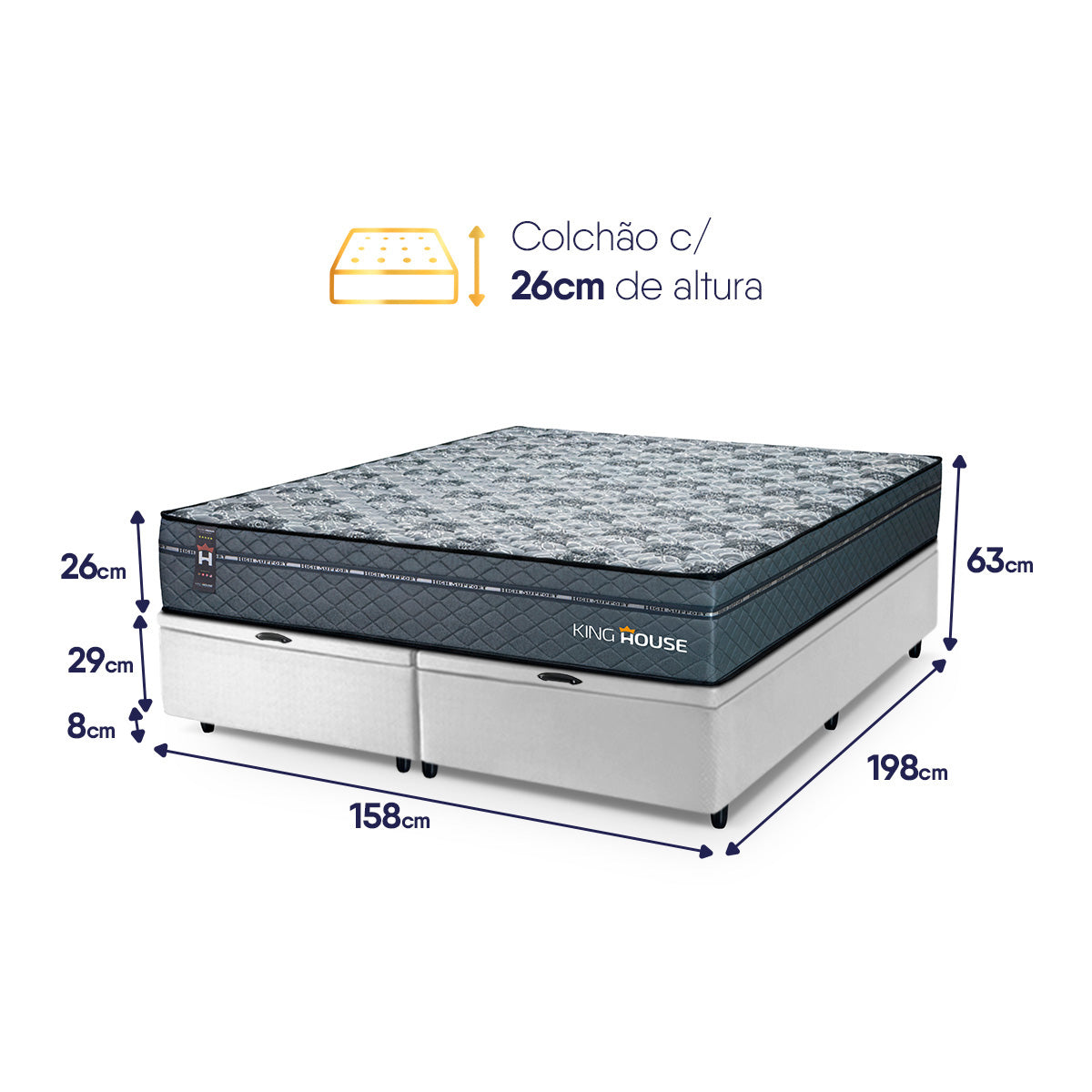 Cama Box Baú Montreal c/ Molas Ensacadas 158x198 Cinza e Branco Espuma D26 Suporta 110 kg
