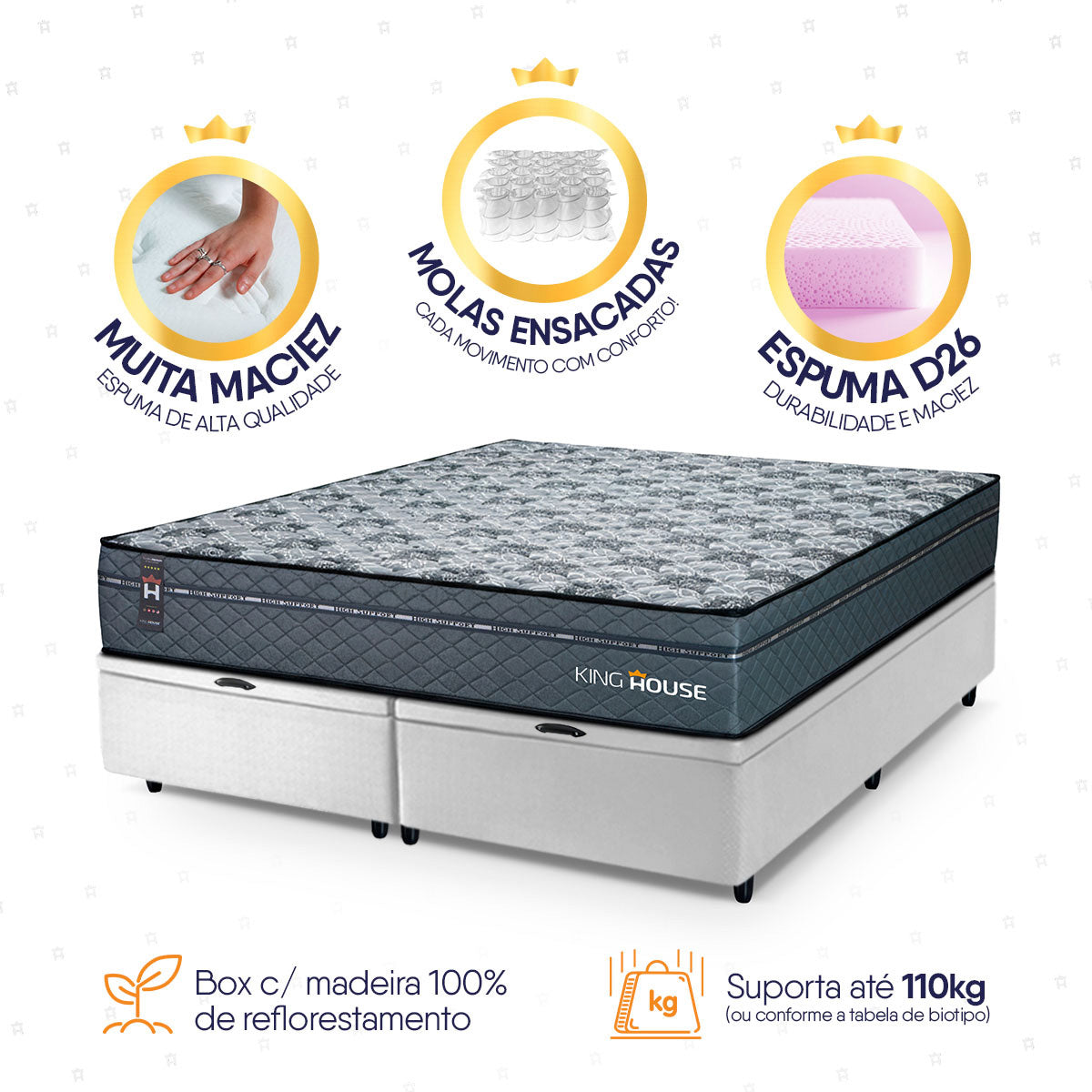 Cama Box Baú Montreal c/ Molas Ensacadas 158x198 Cinza e Branco Espuma D26 Suporta 110 kg