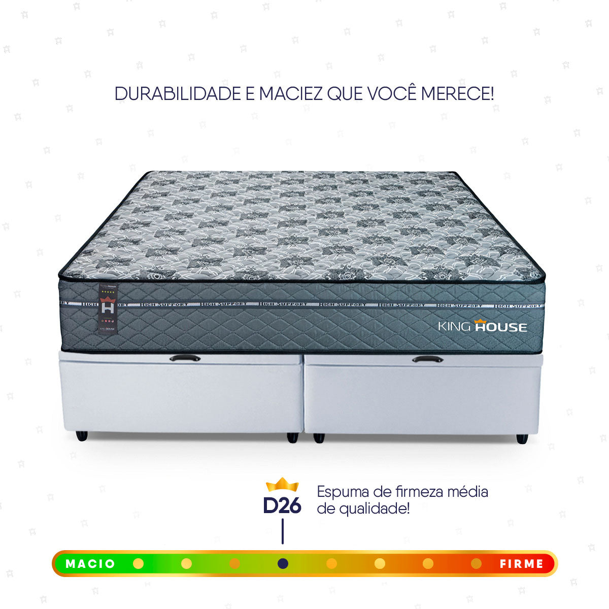 Cama Box Baú Montreal c/ Molas Ensacadas 158x198 Cinza e Branco Espuma D26 Suporta 110 kg