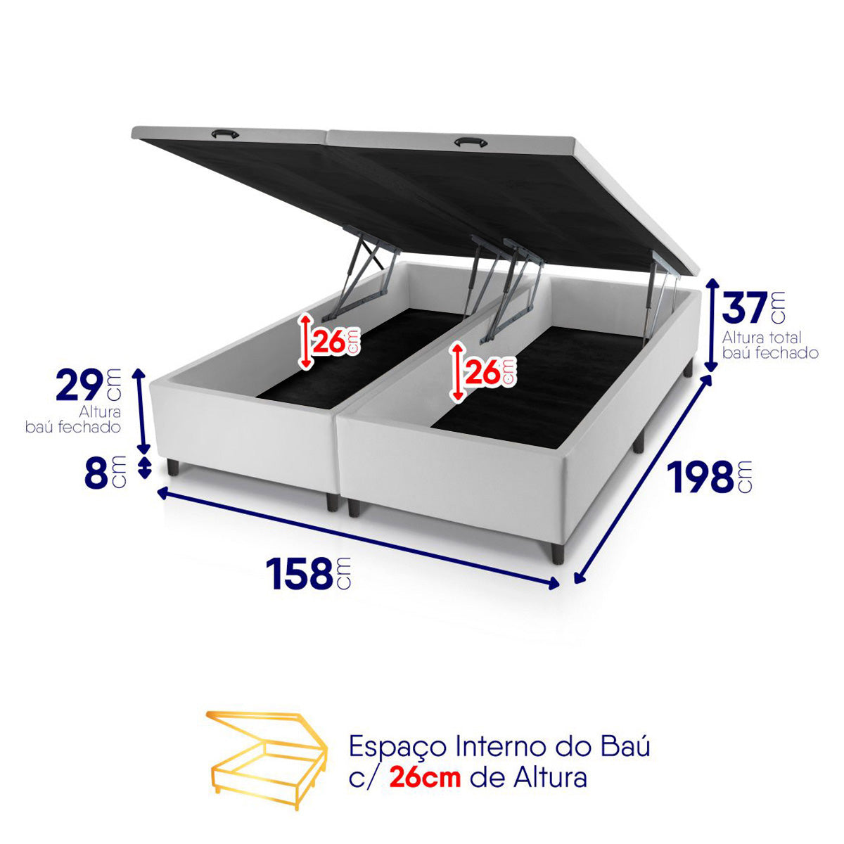 Cama Box Baú Montreal c/ Molas Ensacadas 158x198 Cinza e Branco Espuma D26 Suporta 110 kg