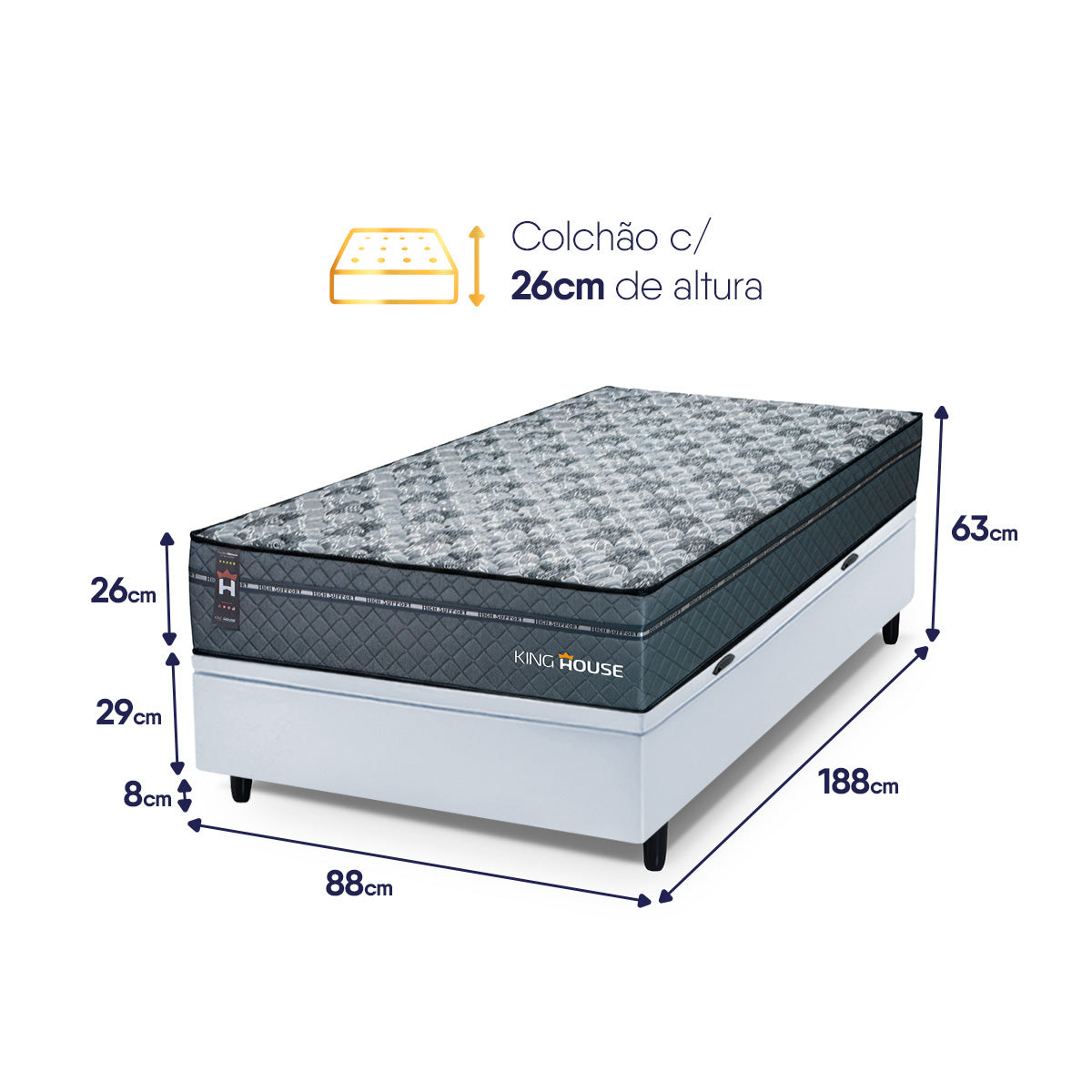 Cama Box Baú Montreal 88x188 Cinza e Branco c/ Molas Ensacadas Espuma D26 Suporta 110 kg