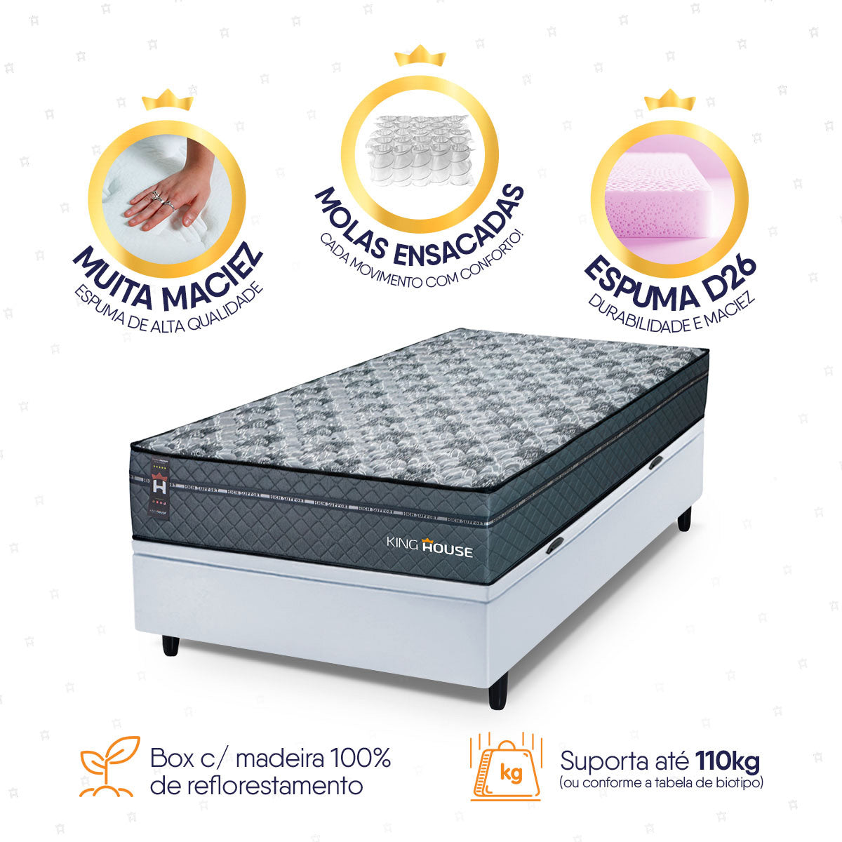 Cama Box Baú Montreal 88x188 Cinza e Branco c/ Molas Ensacadas Espuma D26 Suporta 110 kg
