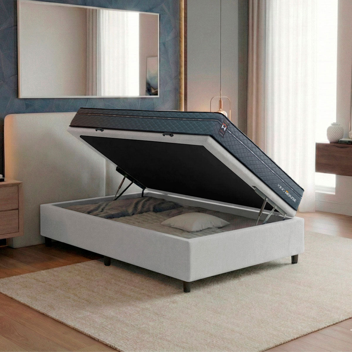 Cama Box Baú Montreal 96x203 Cinza e Branco c/ Molas Ensacadas Espuma D26 Suporta 110 kg